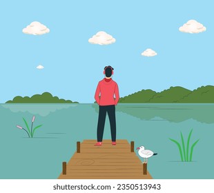 Title Boy Relaxing in the Lake Alone Vector Resource