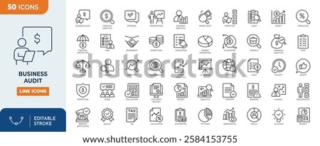 Title	
Business Audit line editable icon set. Containing inspecting, control, finance, and more. Vector illustration