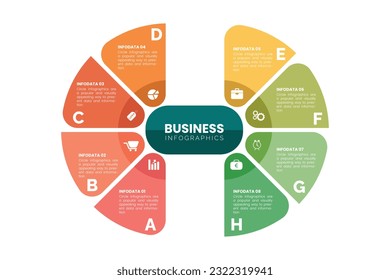 Título: Concepto De Negocio Con 8 Pasos Y Opción Con Un Icono Para Plantilla Web Del Gráfico, Diagrama, Plantilla De Presentación Circular, Publicidad, Variaciones De Negocio 2.