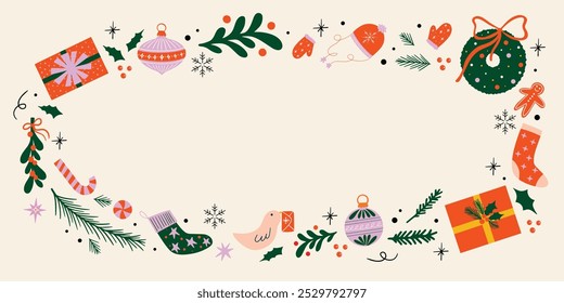 Title: Christmas background horizontal banner in cartoon retro style with blank space for text, Xmas frame, border with winter holiday seasonal vector illustration elements for design