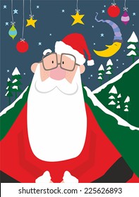 Title: Christmas and Santa Claus. Description: Santa Claus at Christmas night background with snowy tree and christmas ormaments.