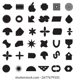 Titel: Sammlung geometrischer Formen auf weißem Hintergrund. Geometrisches formales Shape. Polygonale Elemente. Moderne trendige minimalistische Grundfiguren, Linien, Kreise,

