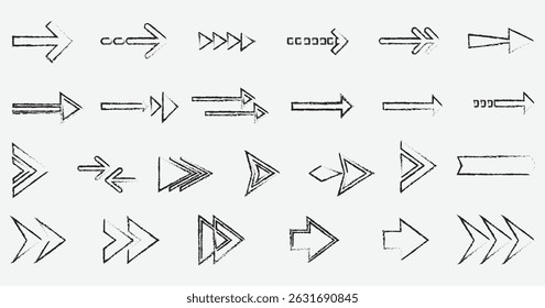 Título: flechas dibujadas a mano de Colección. Establecer flechas simples aisladas sobre fondo blanco. Iconos de marca de flecha. Pintura de flecha - Vector de stock

