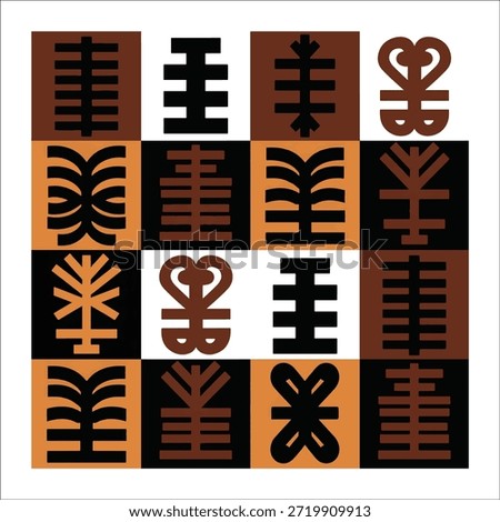 Title: A collection of nine distinct geometric symbols in black and brown on a grid of orange and