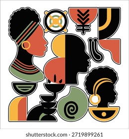 Title: A colorful abstract featuring various shapes and profiles of people (30) black