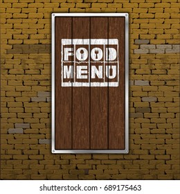 Title cover for restaurant menu in a frame on old brick wall wood sheet