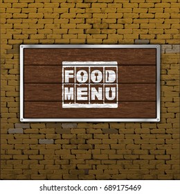 Title cover for restaurant menu in a frame on old brick wall wood sheet