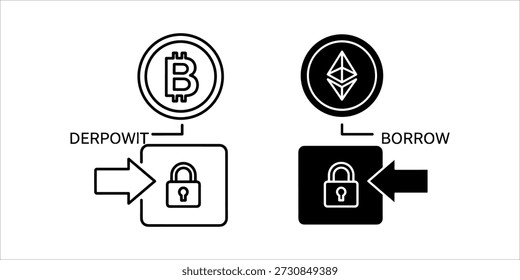 Title: Cryptocurrency deposit and withdrawal process with Bitcoin and Ethereum symbols