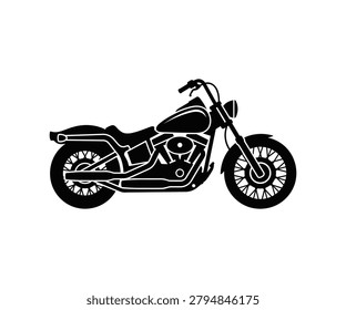 Title: Custom heavy cruiser chopper motorcycle vector silhouette. Traditional old school custom bike, outlaw rider motor lifestyle logo concept.