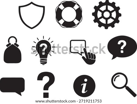 TITLE: customer support and help center icon set including shield lifesaver gear lightbulb with question mark and information symbols on white background