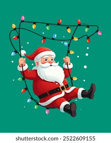Title: cute friendly Santa Claus climbing a rope of string Christmas lights up