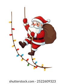 Título: lindo y amigable Santa Claus escalando una cuerda de Navidades de cuerda se ilumina