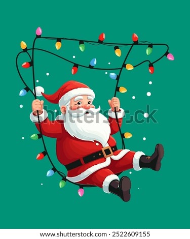 Title: cute friendly Santa Claus climbing a rope of string Christmas lights up