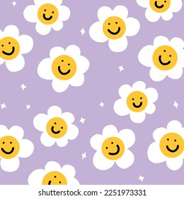 Title: daisy flower melt smile faces emoji design on purple background daisy pattern daisy seamless pattern spring

