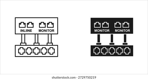 Title: Diagram of network devices with inline monitor and dual monitor setup on white and black