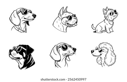 Title: Dog head wearing sunglass silhouette vector design, Dog head icon, Dog head illustration isolated.