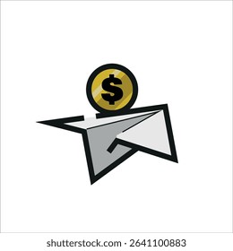 Title Dollar coin above a paper airplane. Suitable for finance or investment concepts. Airplane flying towards financial success. Money growth symbol.