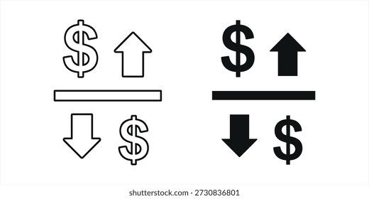 Título: Sinal de dólar e seta indicando tendências financeiras em um fundo branco