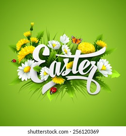 Title Easter with spring flowers. Vector illustration EPS10