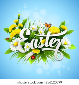 Title Easter with spring flowers. Vector illustration EPS10