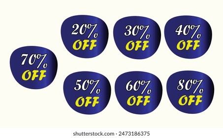 Title: Eye-catching blue discount tag of 80 70 60 50 40 30 20 percent off sticker design, boost your sales, set of discount stickers.