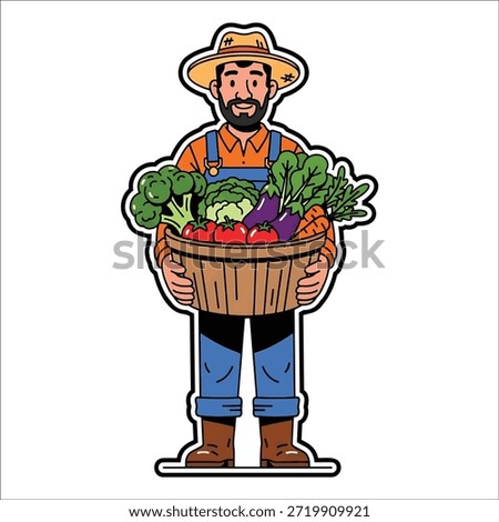 Title: A farmer holding a basket filled with fresh vegetables including broccoli carrots and