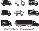 Title	
Fast delivery icon set. Free shipping, express delivery, 24 hours, fast van. Truck symbol on white background - stock vector	