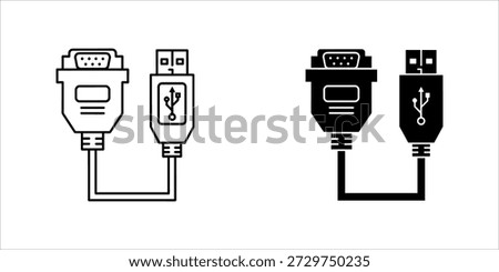 Title: Four different types of connectors including USB and serial ports in black and white