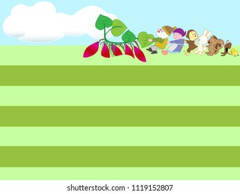 Title frame for agriculture. Animals helping vegetable harvest.
