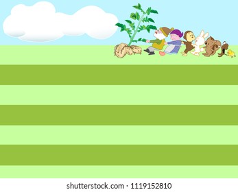 Title frame for agriculture. Animals helping vegetable harvest.
