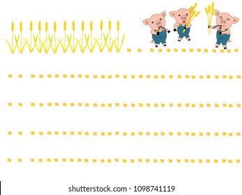 Title frame for agriculture. The piglet is cutting wheat.
