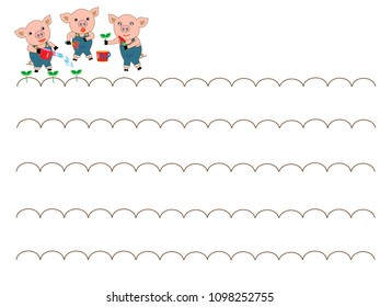 Title frame for agriculture. Piglets planting seedlings.
