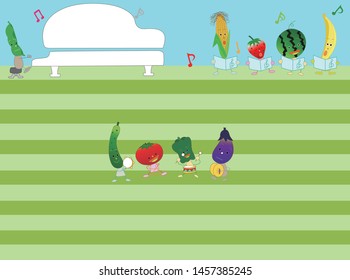 Title frame for agriculture. Vegetables and fruits are playing musical instruments to celebrate the harvest.