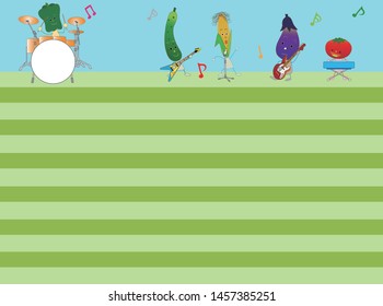 Title frame for agriculture. Vegetables and fruits are playing musical instruments to celebrate the harvest.