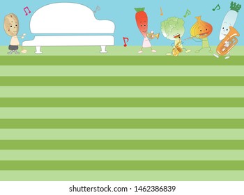 Title frame for agriculture. Vegetables and fruits are playing musical instruments to celebrate the harvest.