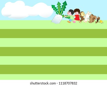 Title frame for agriculture. We harvest crops with children and animals.
