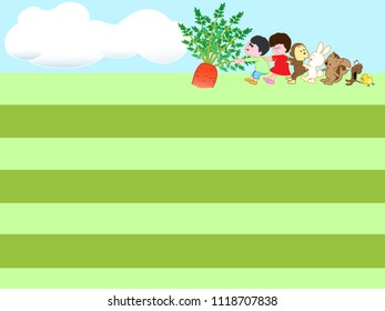 Title frame for agriculture. We harvest crops with children and animals.
