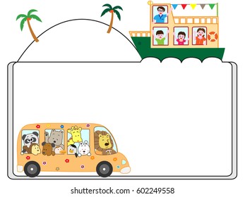The title frame of a bus and the passenger ship at the sightseeing spot.