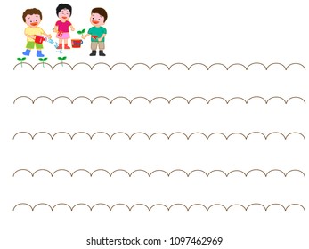Title frame used for agricultural work. Children plant seedlings.
