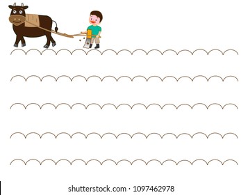 Title frame used for agricultural work. A child is cultivating a field with a cow.

