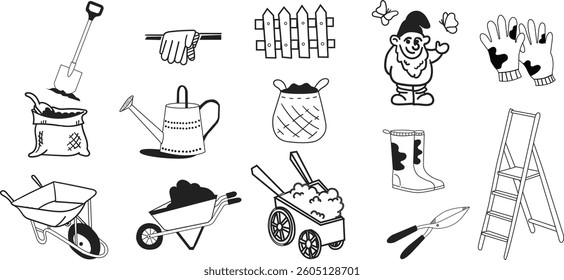 Title: gardening doodle set,Cute garden background element,Hand drawn design set,happy garden collection