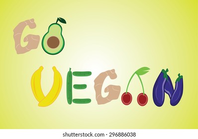 Title go vegan folded from fruit and vegetables on green background 