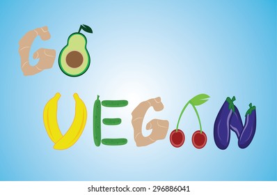 Title go vegan folded from fruit and vegetables on blue background 