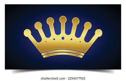 Title: Gold crown logo symbol on blue background. Royal king icon. Golden royal jewelry symbol of king queen and princess. Vector illustration