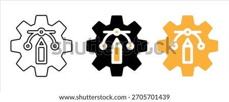 Title: Graphic design and development settings icon set with gear and pen tool

