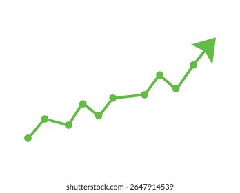 Title: green business arrow rising up with dots followed by line graph going down, color full Green Line Graph Showing Positive Growth Trend, trading profit, economic boom, business growth. line graph