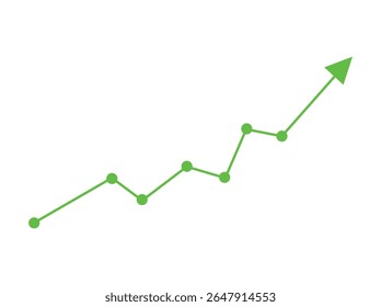 Title: green business arrow rising up with dots followed by line graph going down, color full Green Line Graph Showing Positive Growth Trend, trading profit, economic boom, business growth. line graph