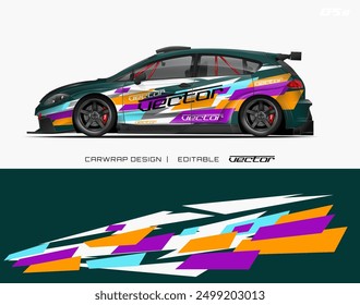 Title Green car with colorful geometric design, suitable for car wrap templates. Vibrant, eyecatching design for vehicle branding projects.