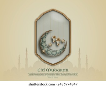 Title: A greeting card Eid Mubarak with arabic calligraphy in a frame glass and a islamic ornaments.