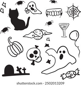 Title: Halloween doodle illustration. Halloween set of elements, ghost, pumpkin and bat. Vector is cute illustration in hand drawn style
